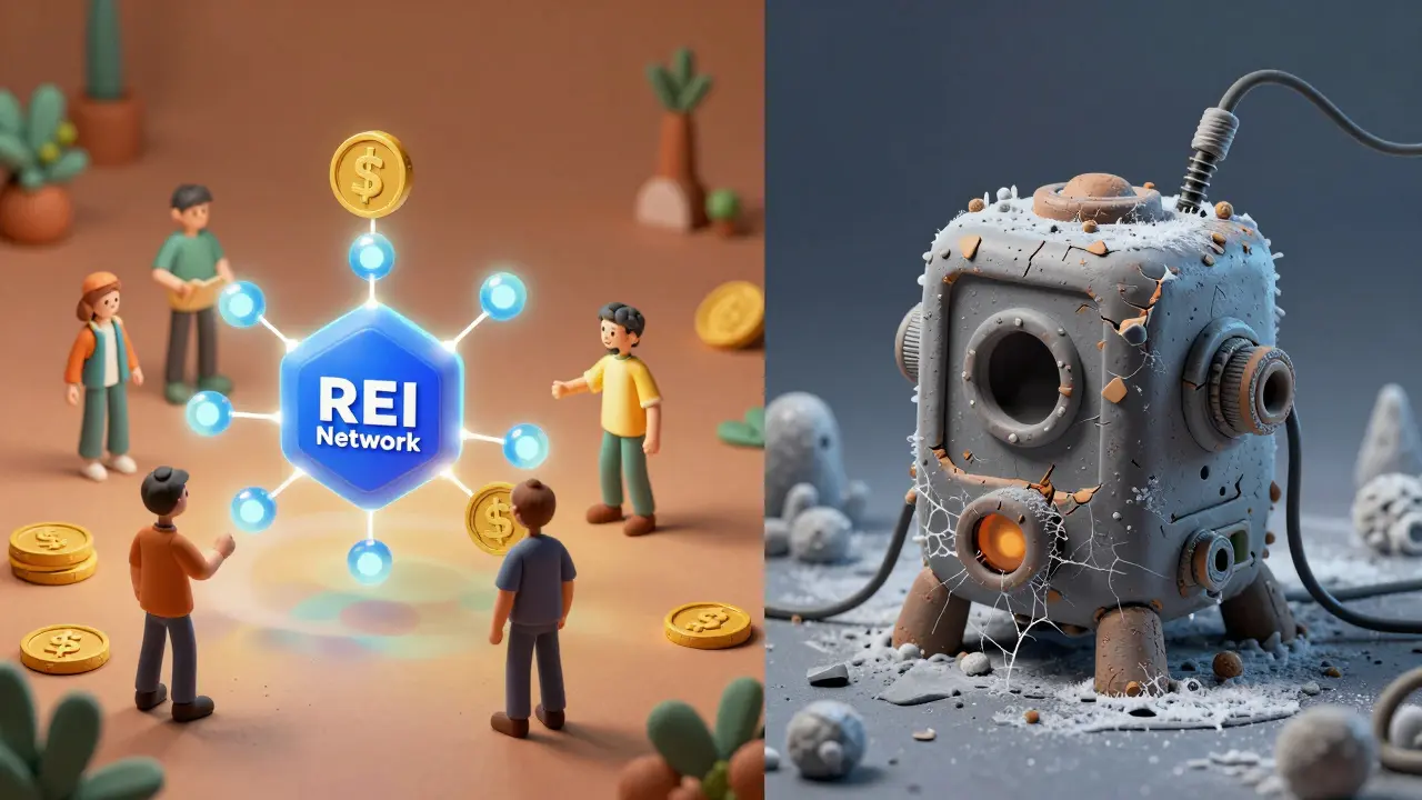 A clay machine labeled Zerogoki is frozen and broken, while a vibrant REI Network thrives beside it.
