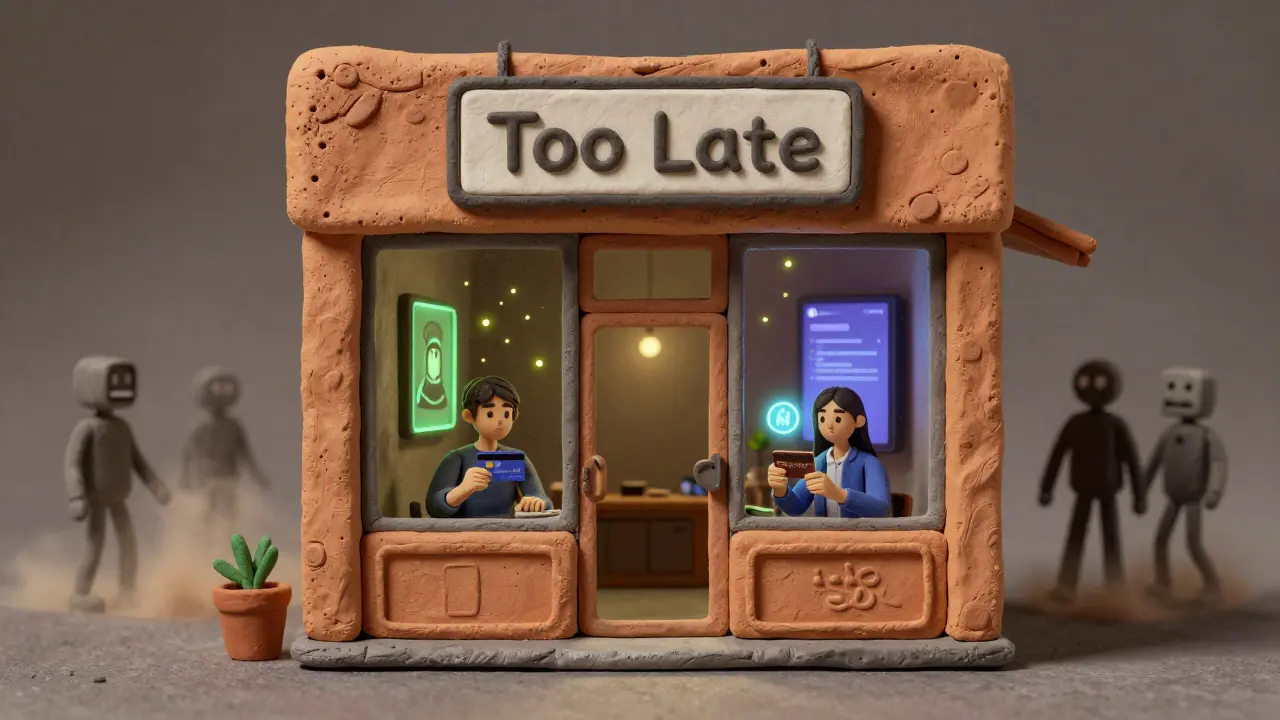 A closed airdrop storefront with glowing N1 tokens inside, showing ongoing platform use in warm clay textures.