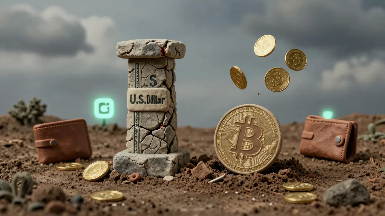 A crumbling U.S. dollar pillar stands strong beside a half-buried Bitcoin statue in a symbolic clay landscape of El Salvador's economy.