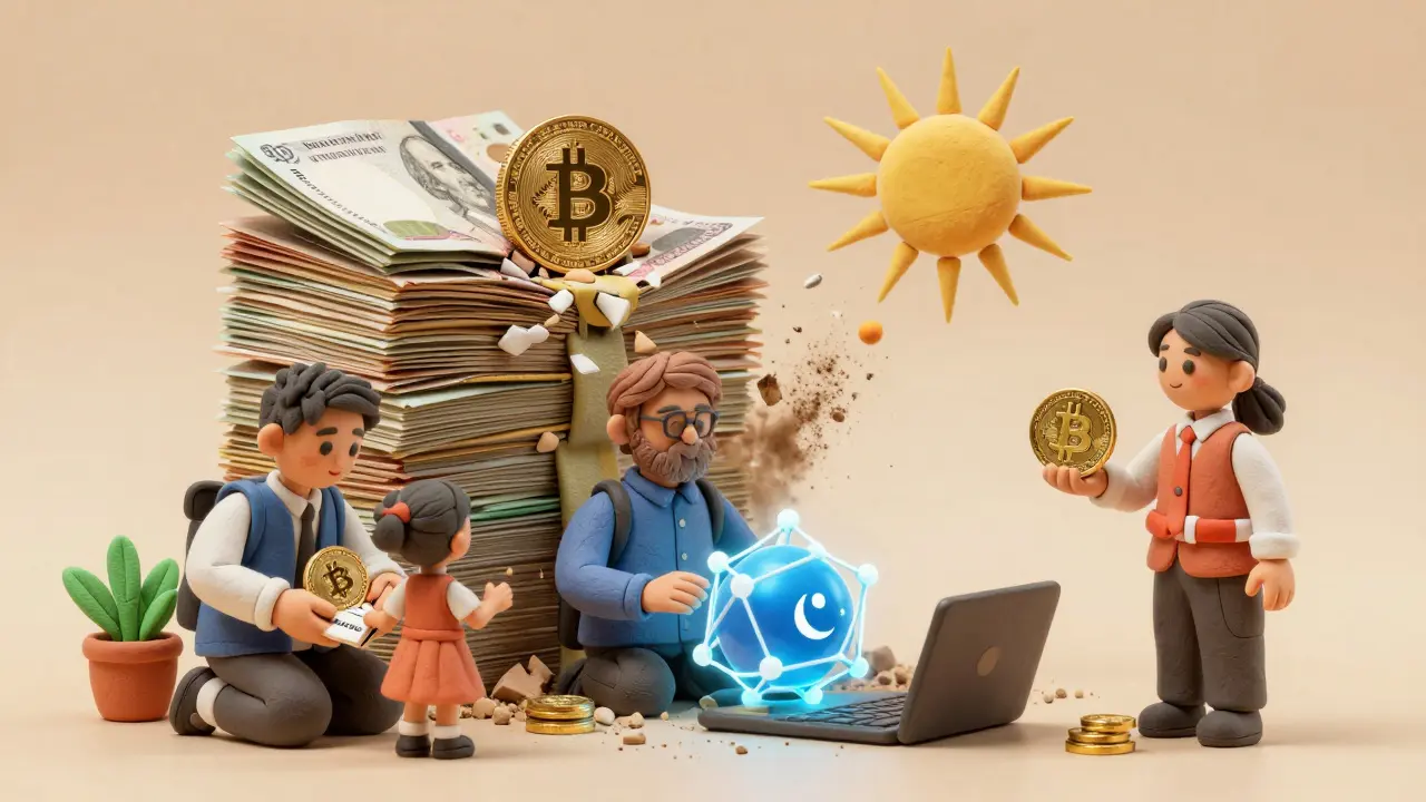 A family and teacher using crypto to survive economic hardship, as rupee notes crumble and Bitcoin coins rise like sunlight.