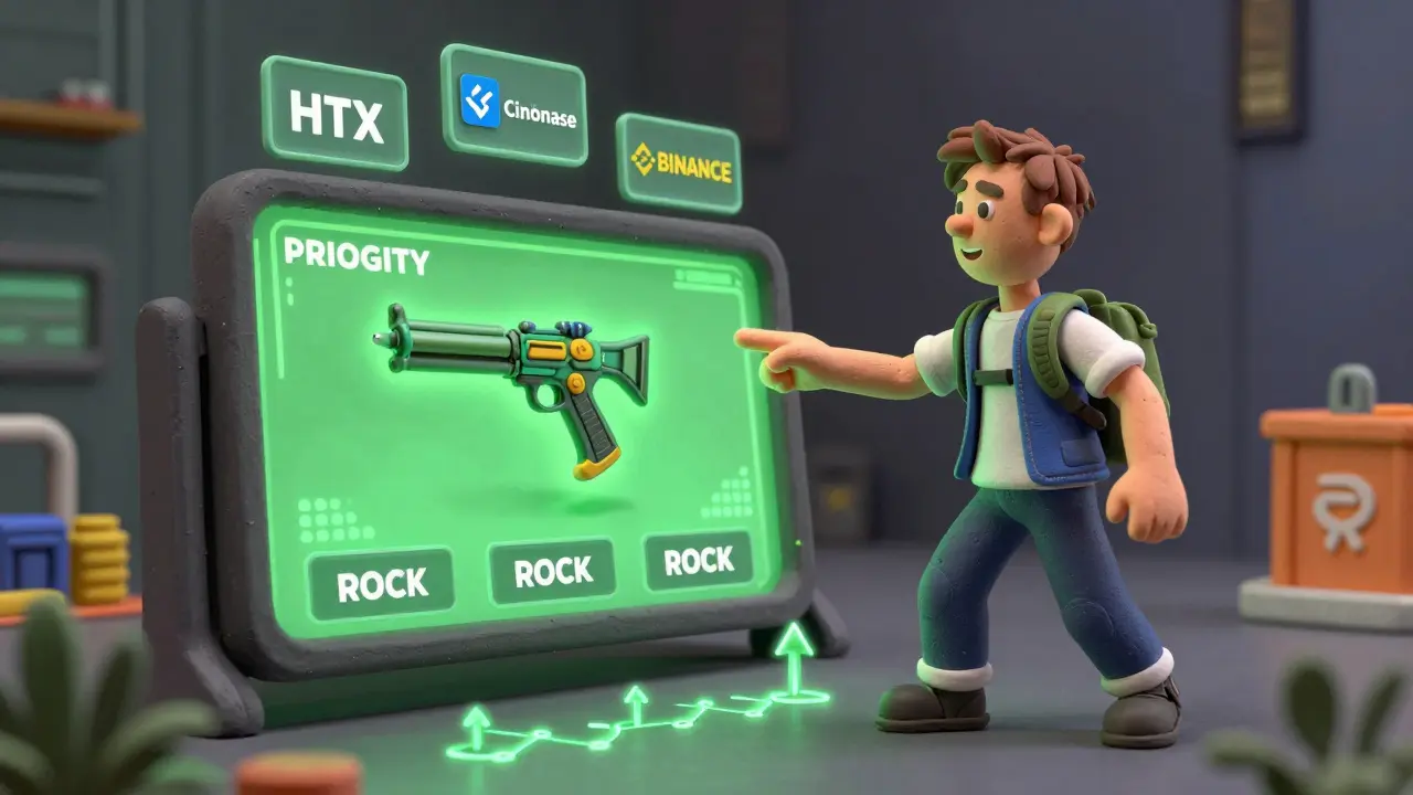 A gamer using ROCK tokens to unlock a rare weapon in a game dashboard, with exchange price tags floating nearby.