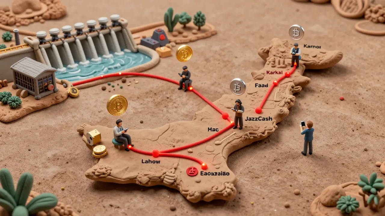 A glowing map of Pakistan showing peer-to-peer crypto trades flowing between cities, with mining rigs and mobile wallets depicted.