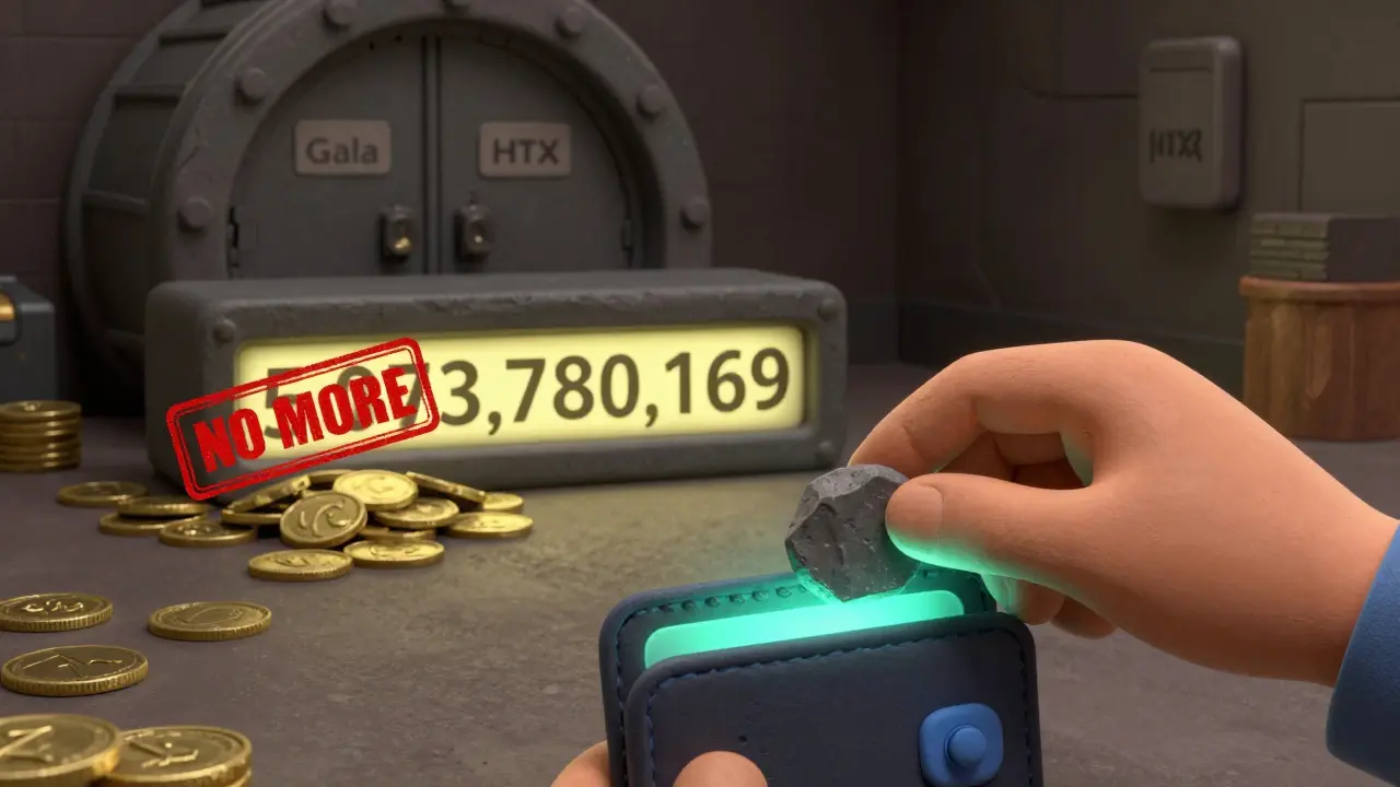 A hand placing a ROCK token into a wallet, with a fixed supply counter and locked reserve vault in the background.