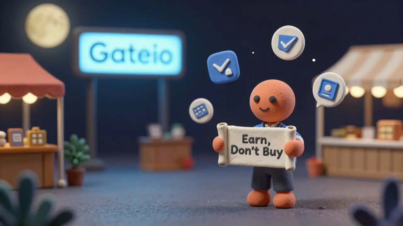 A lone figure holding a scroll labeled 'Earn, Don't Buy' surrounded by participation icons.