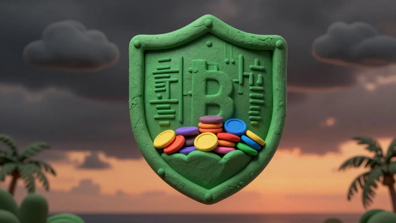 A protective shield guards a pile of coins from distant storm clouds.