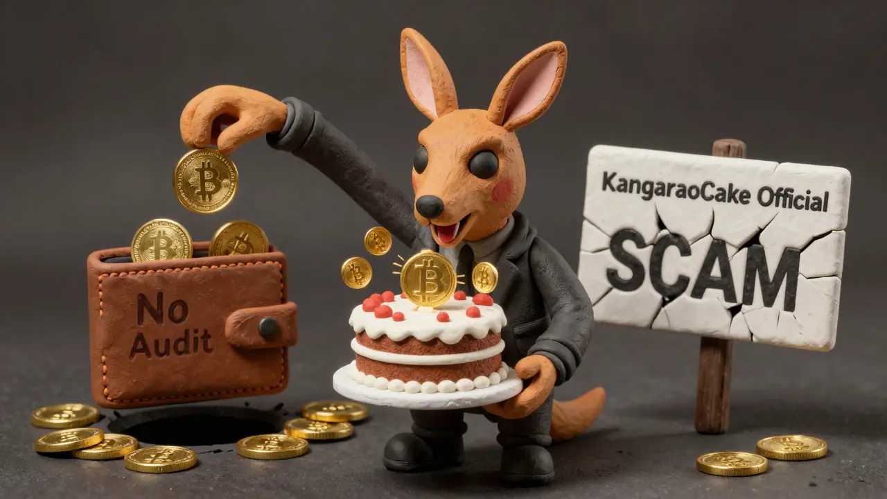 A scammer in a kangaroo mask holding a blockchain-shaped cake, draining a wallet into a black hole labeled 'No Audit'.
