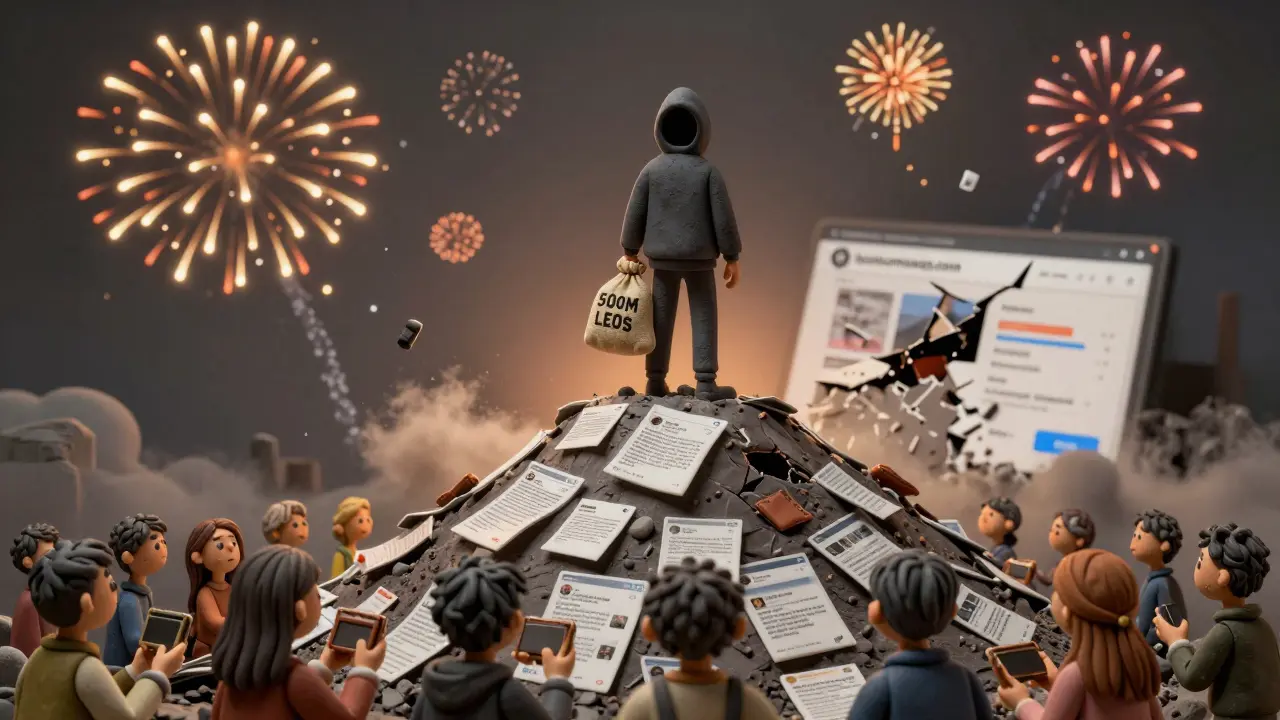 A shadowy figure stands above a crowd of confused users, holding a sack of tokens as a website crumbles behind them.