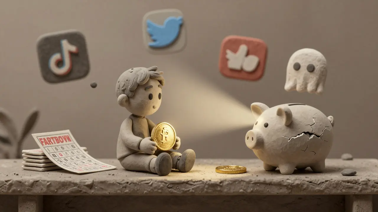 A single FARTBOY coin on a shelf beside lottery tickets, surrounded by fading social media ghosts.