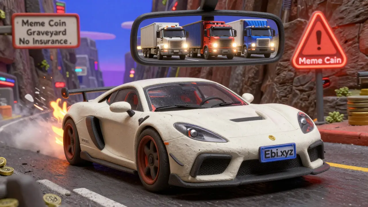 A sports car with no brakes racing through a crypto graveyard labeled 'Ebi.xyz', fueled by burning meme coins.