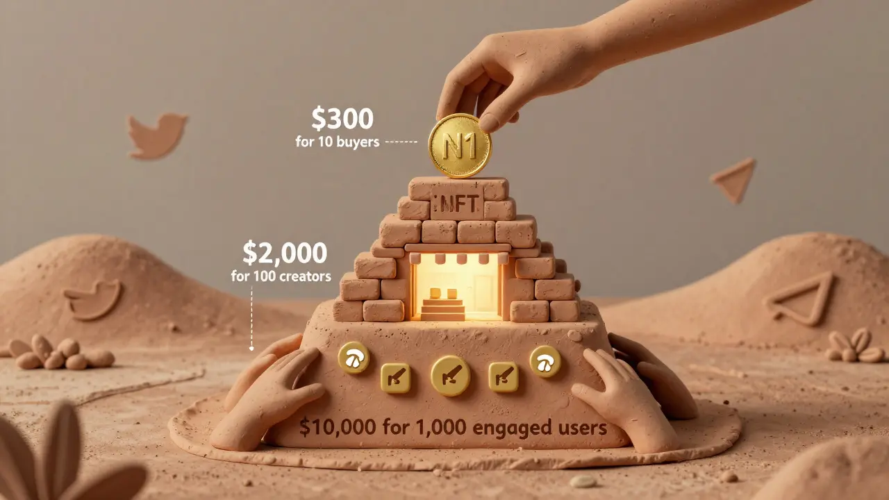 A three-tiered clay pyramid representing N1 airdrop rewards with social, creator, and buyer tiers in earthy tones.