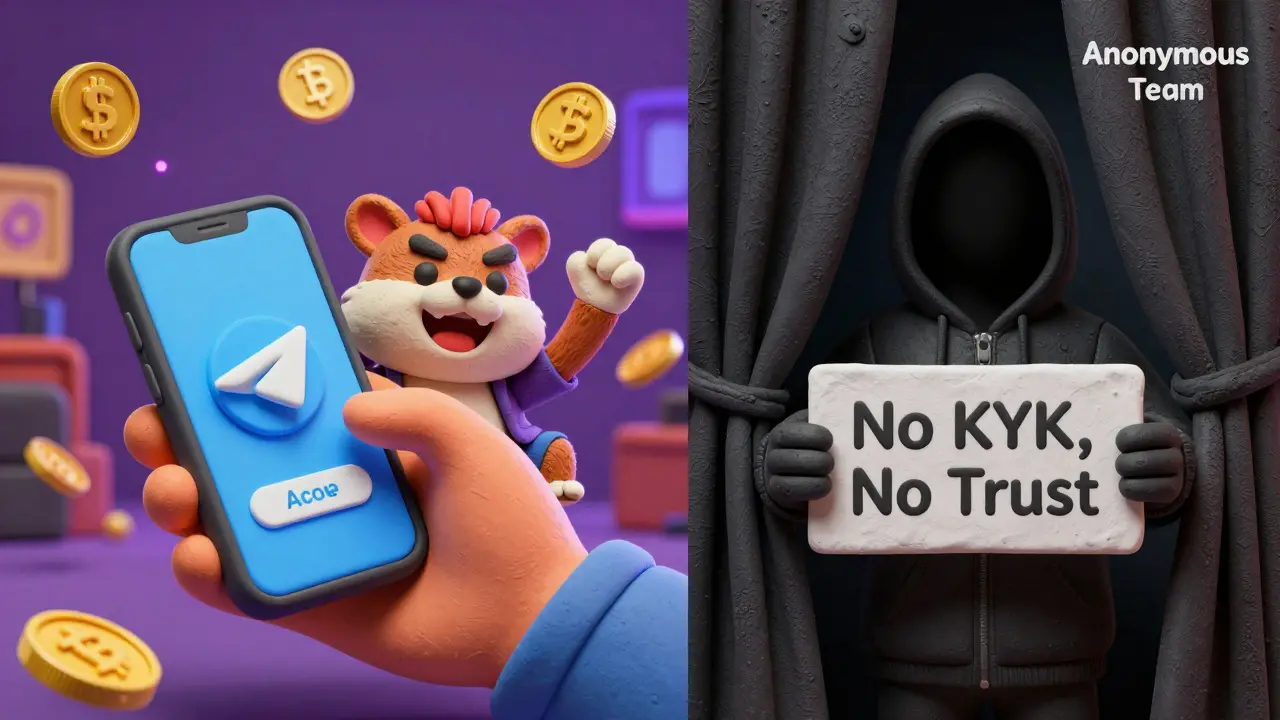 A user claiming airdrops via Telegram while a mysterious figure hides behind an 'Anonymous Team' curtain.