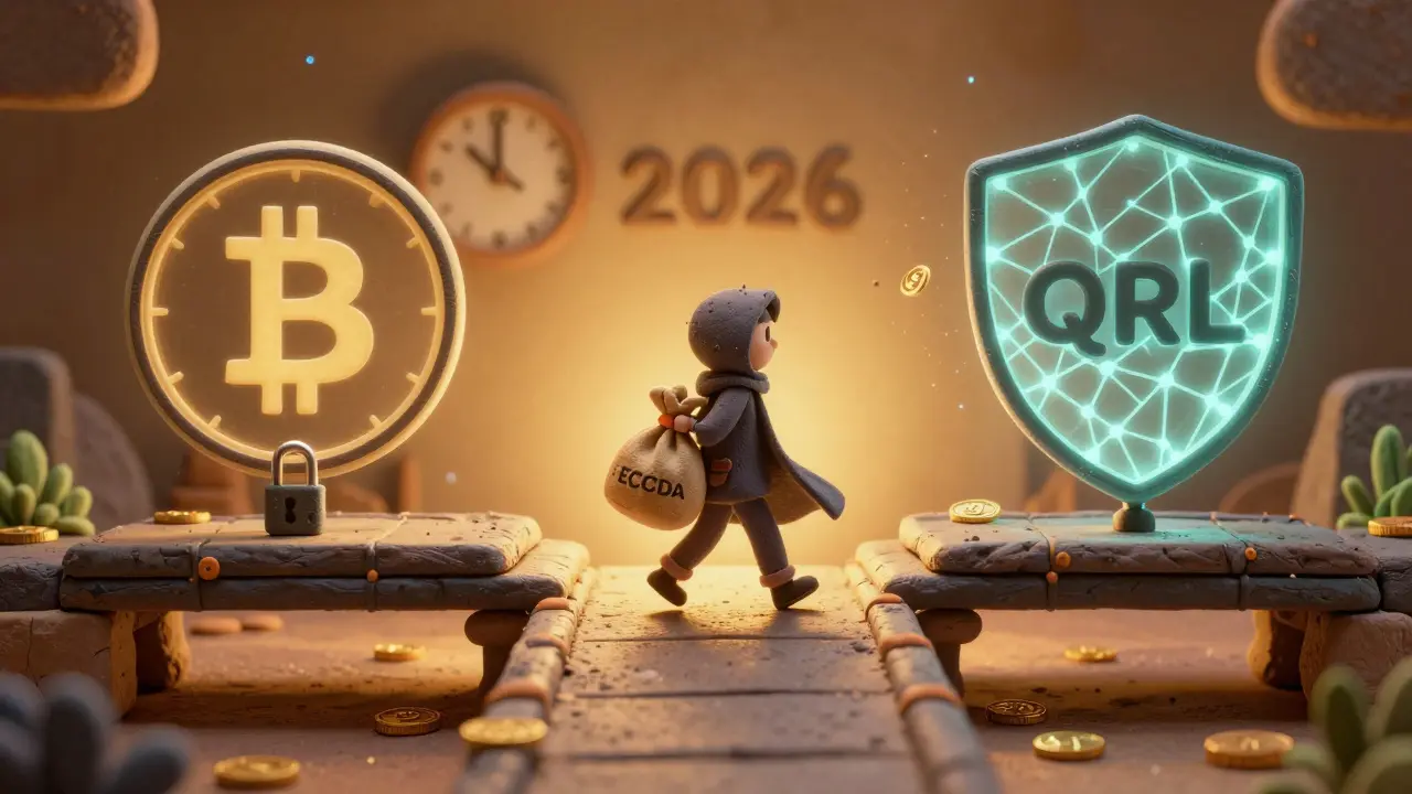 A user crosses a bridge from legacy Bitcoin to quantum-resistant blockchain, with a ticking clock in the background.