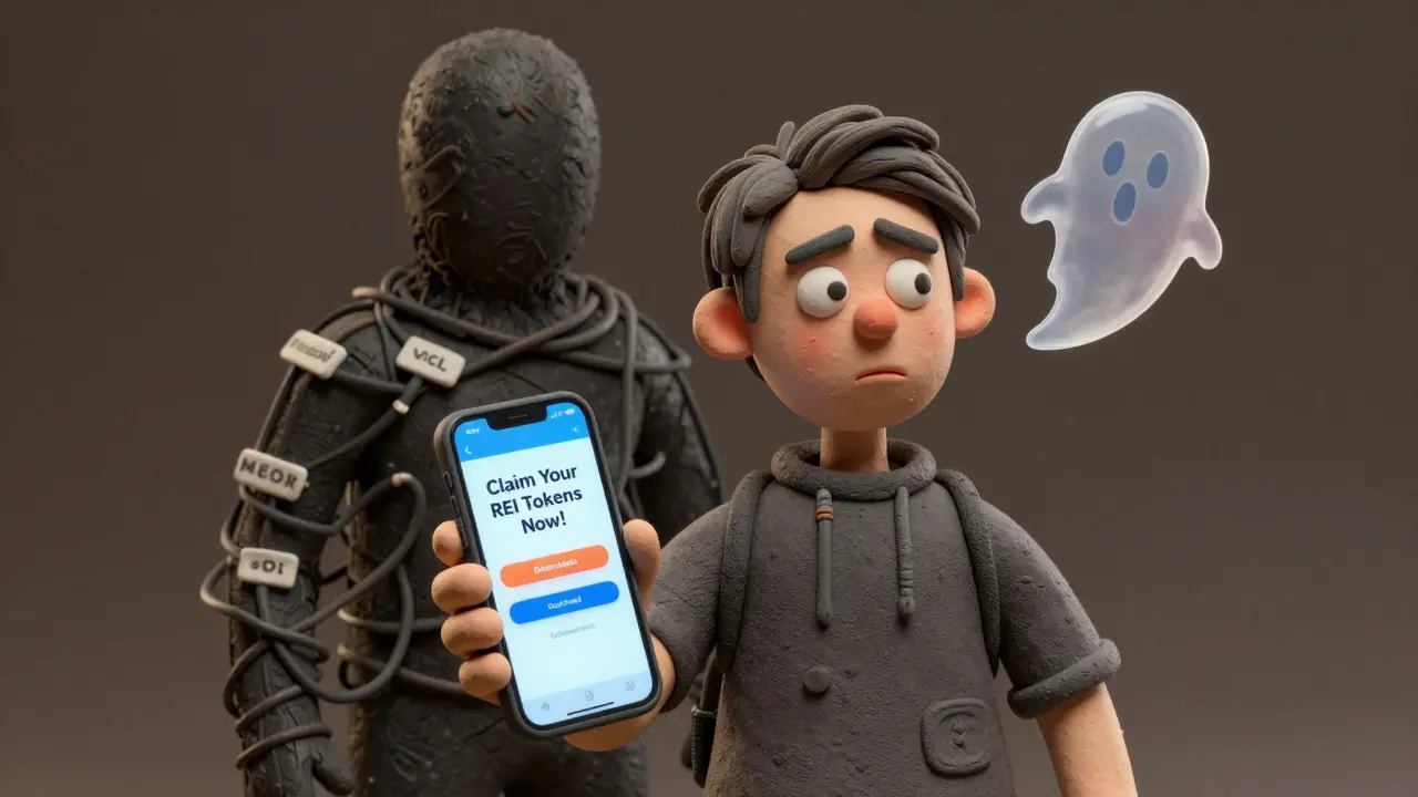 A user sees fake REI airdrop pop-ups while a shadowy scam figure looms behind them.