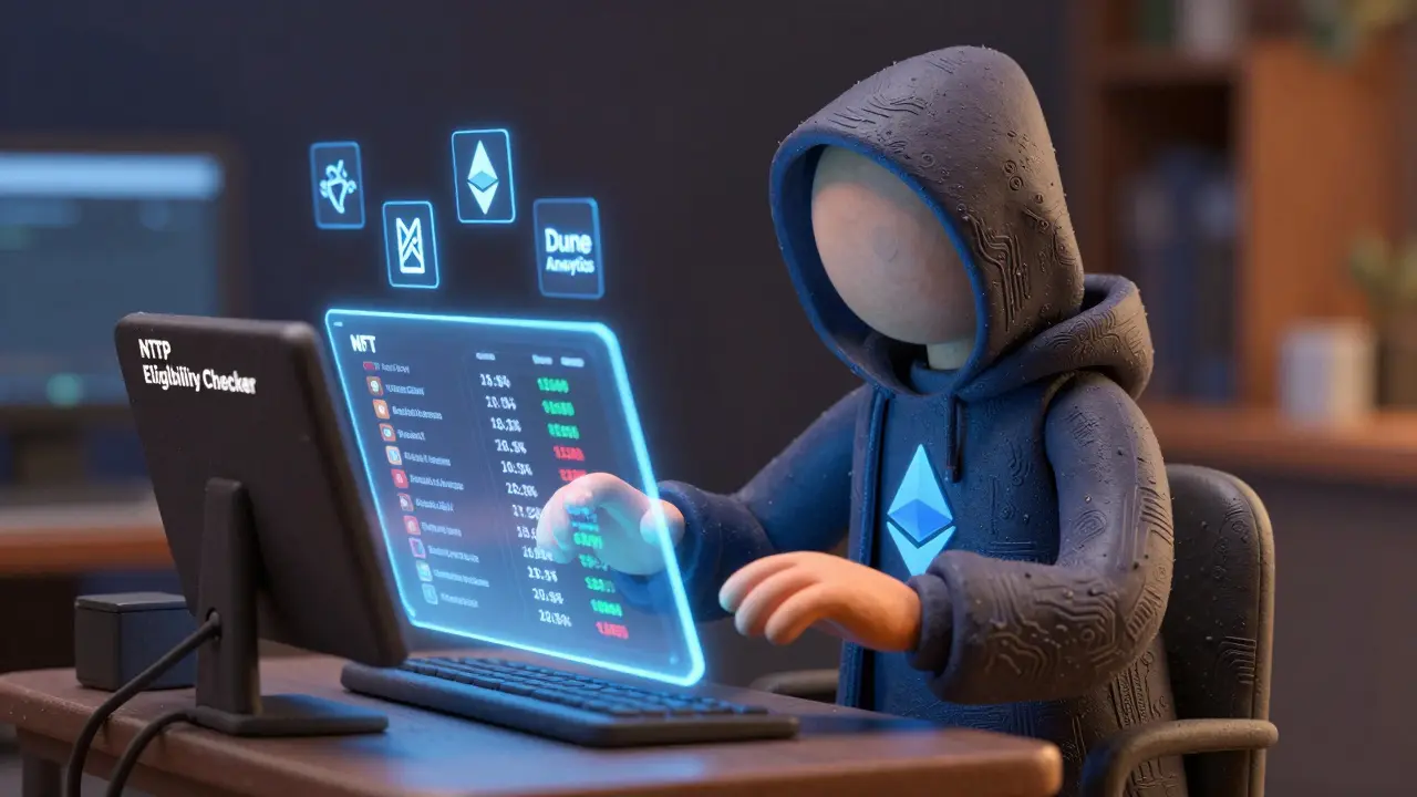 An anonymous figure interacting with a holographic NFTP eligibility checker displaying trade history and rarity scores.