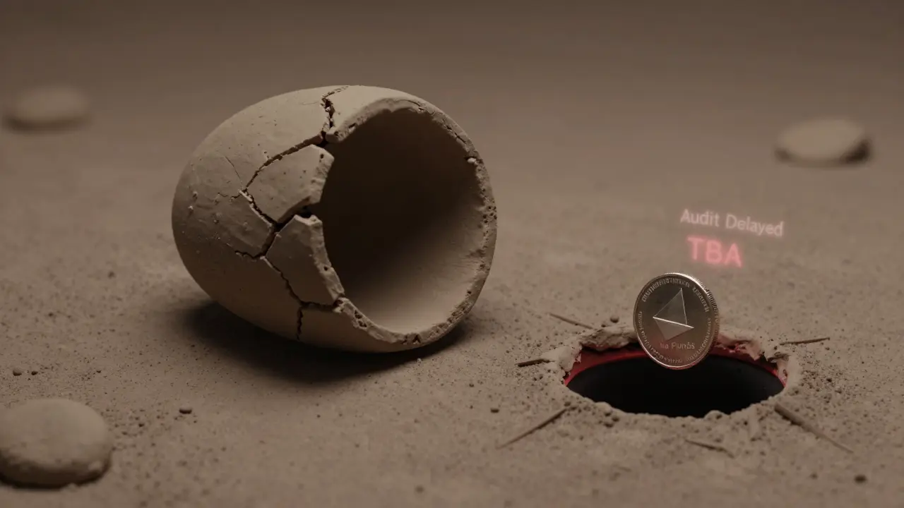 An empty clay smart contract lies cracked in a digital void, with a single ETH coin rolling into darkness.