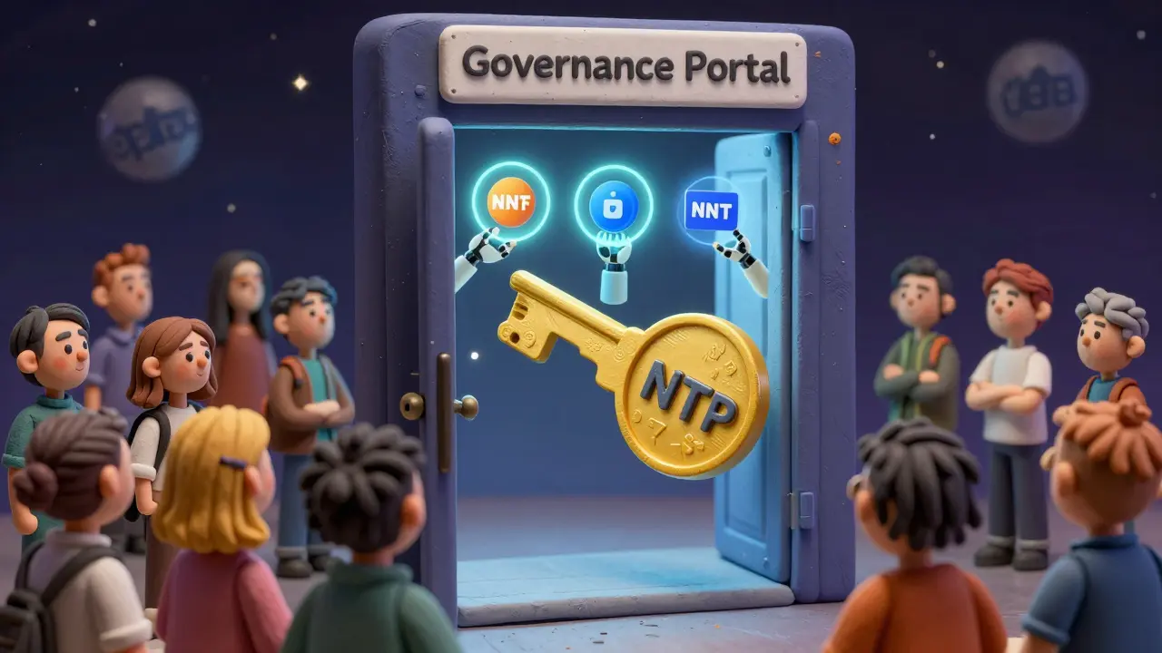 An NFTP-shaped key unlocking a governance door as three new NFT collections are minted, watched by digital avatars.