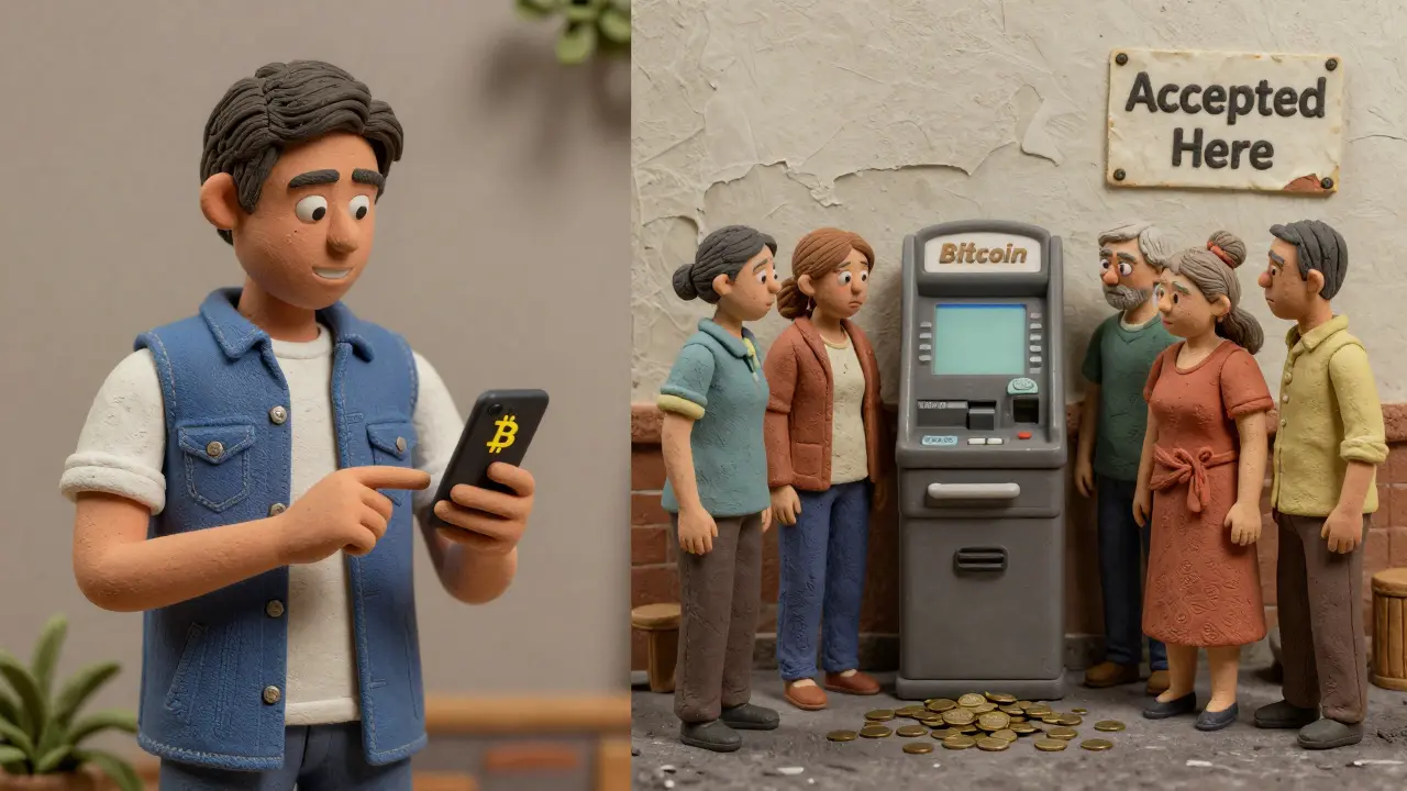 An older adult stands confused before a broken Bitcoin ATM while a young man successfully sends Bitcoin to a relative abroad.
