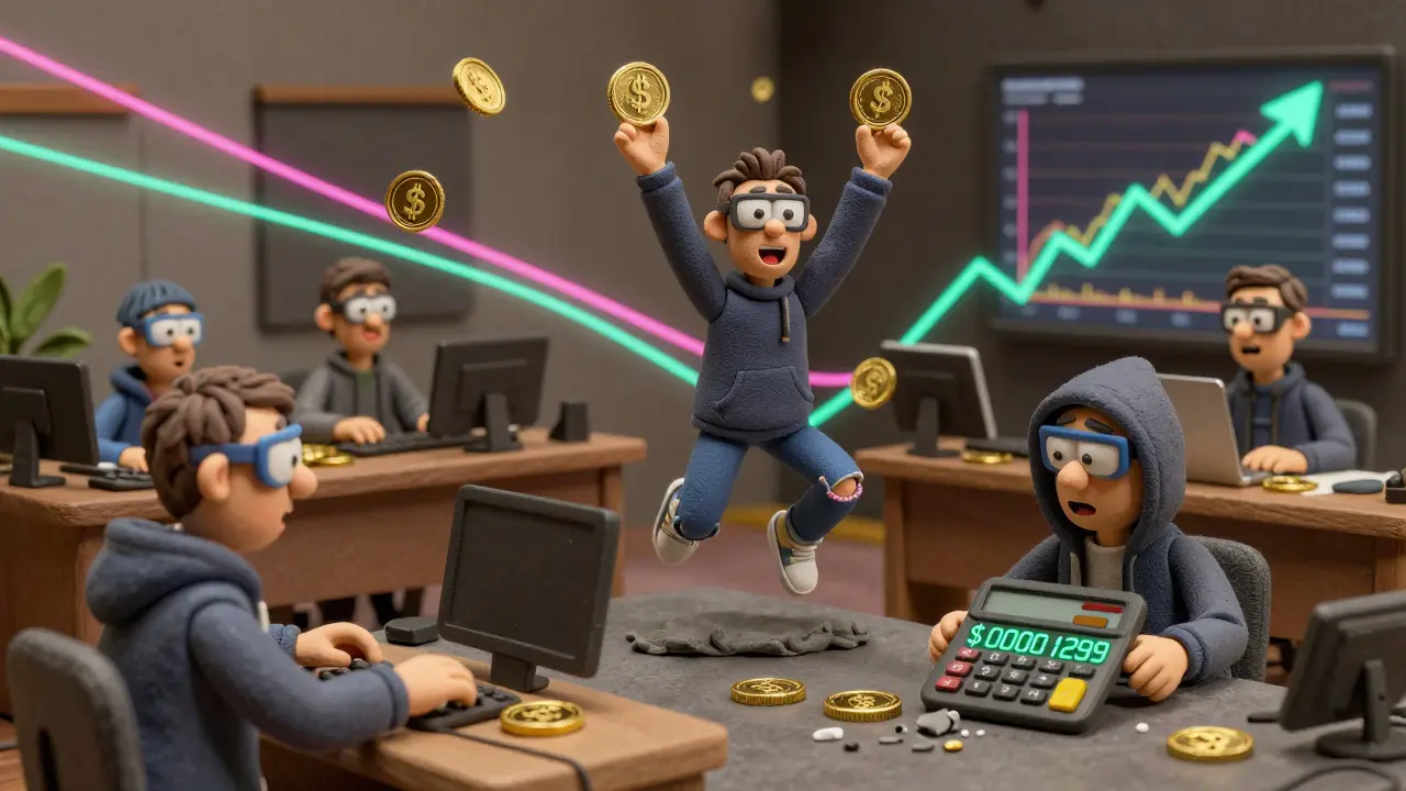 Clay-animated traders reacting to wild FARTBOY price swings on a chaotic crypto trading floor.