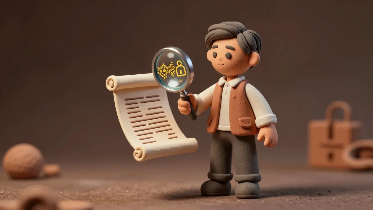 Clay character checking document security with magnifying glass