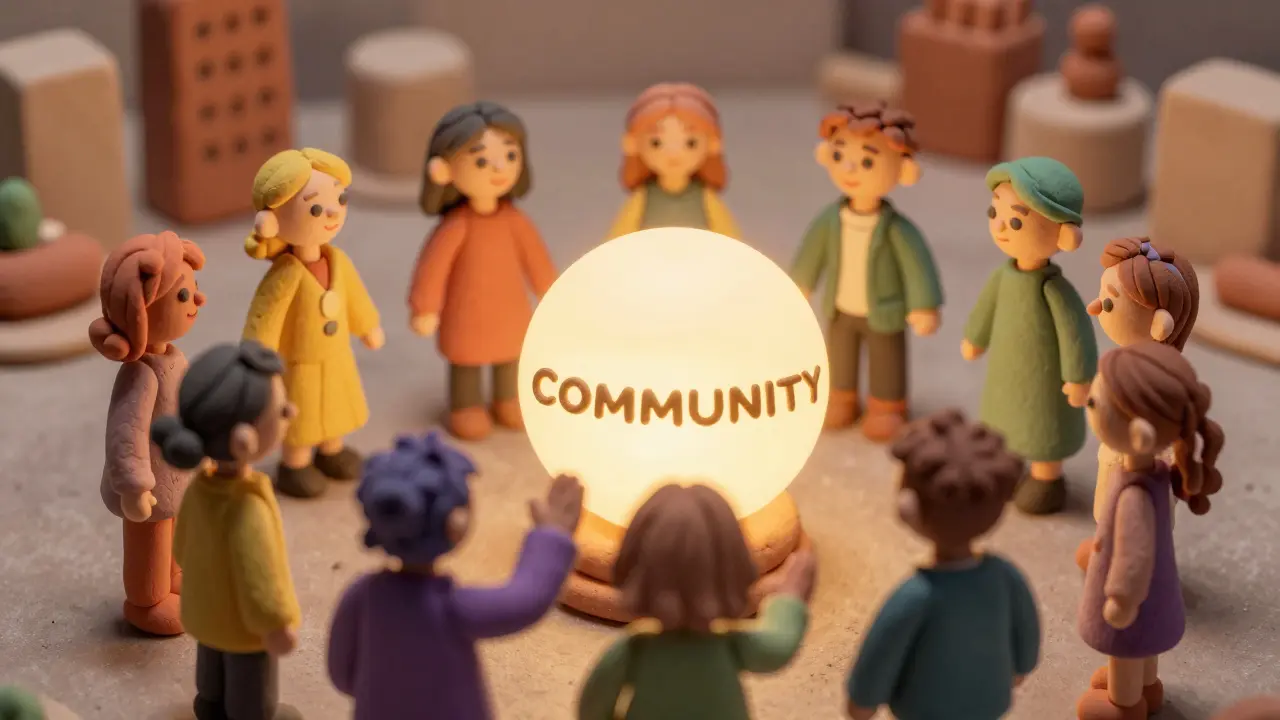 Clay characters gathering around a glowing orb representing community governance voting.