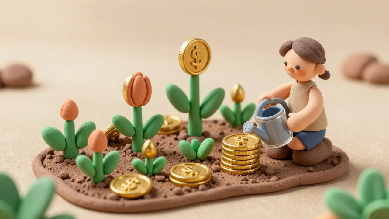 Clay coins growing on plant stems in a whimsical garden