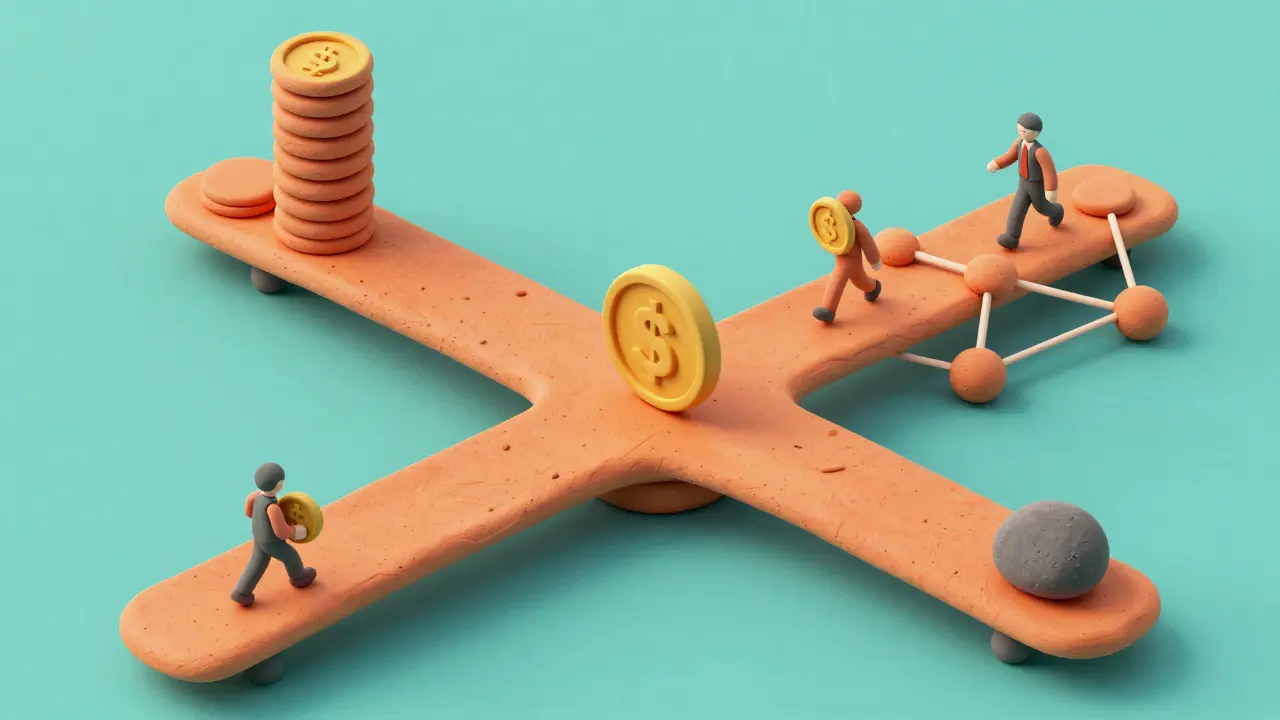 Clay isometric view of a bridge connecting centralized and decentralized finance zones.