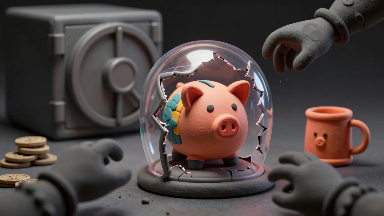 Clay shield protecting a piggy bank from shadowy hands