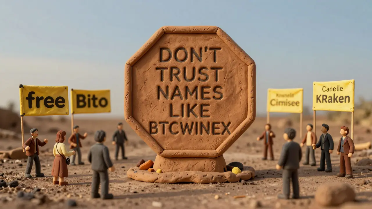 Clay warning sign blocking scam exchanges, with victims lured by fake crypto offers while legitimate exchanges shine nearby.