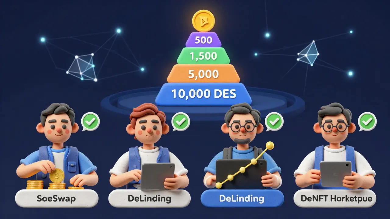 Four clay avatars performing qualifying actions for DES airdrop, with a tiered reward pyramid above showing token amounts.