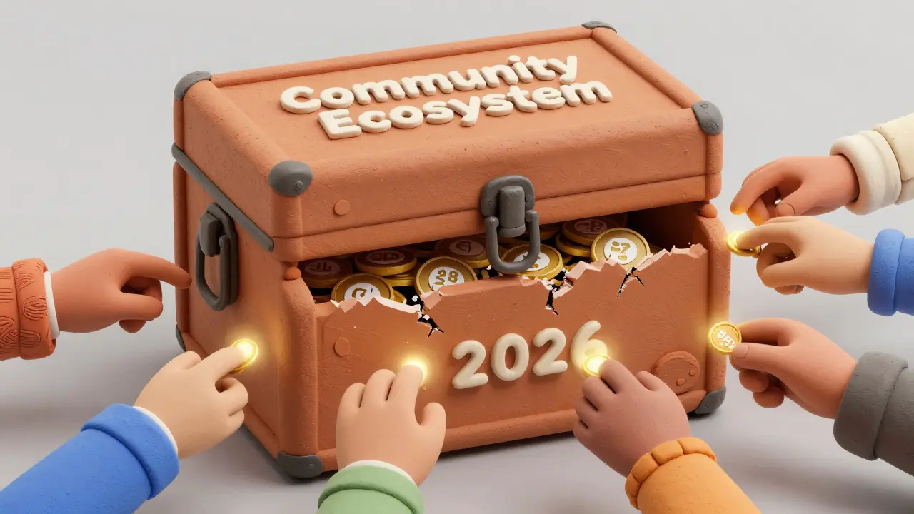 Giant clay lockbox holding unclaimed FORWARD tokens, with hands slowly retrieving them.