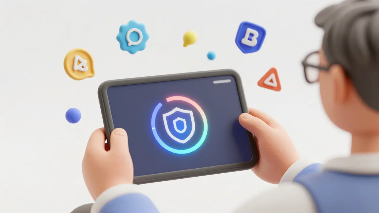 Happy user trading on tablet with secure connection icons