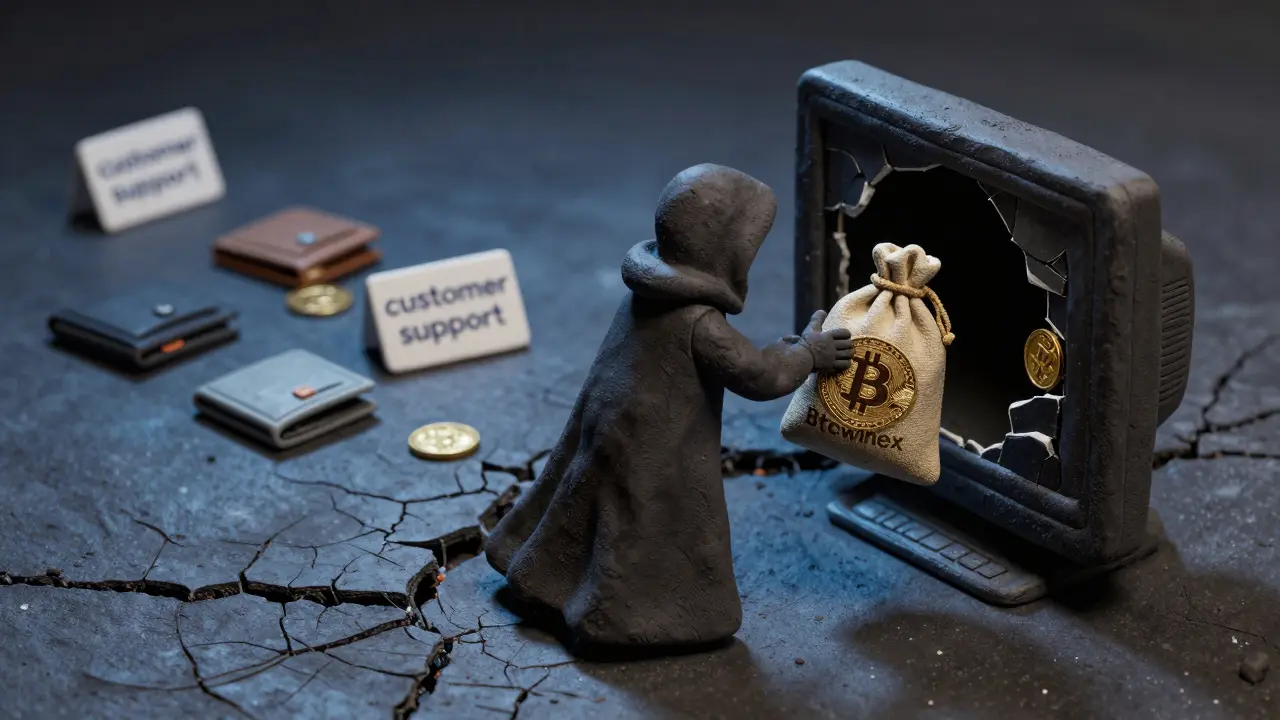 Shadowy figure vanishing with stolen Bitcoin coins into a broken monitor portal, surrounded by discarded support signs.