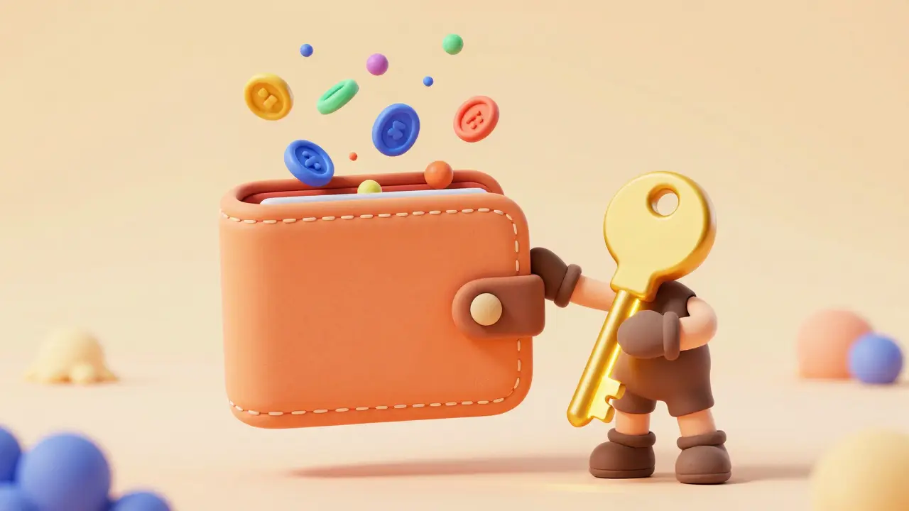 A 3D clay wallet receiving a rain of tokens next to a character with a golden key.