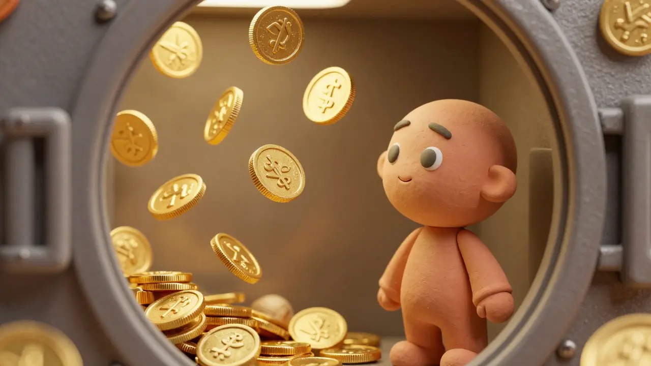 A clay character looking at floating golden tokens inside a futuristic vault.