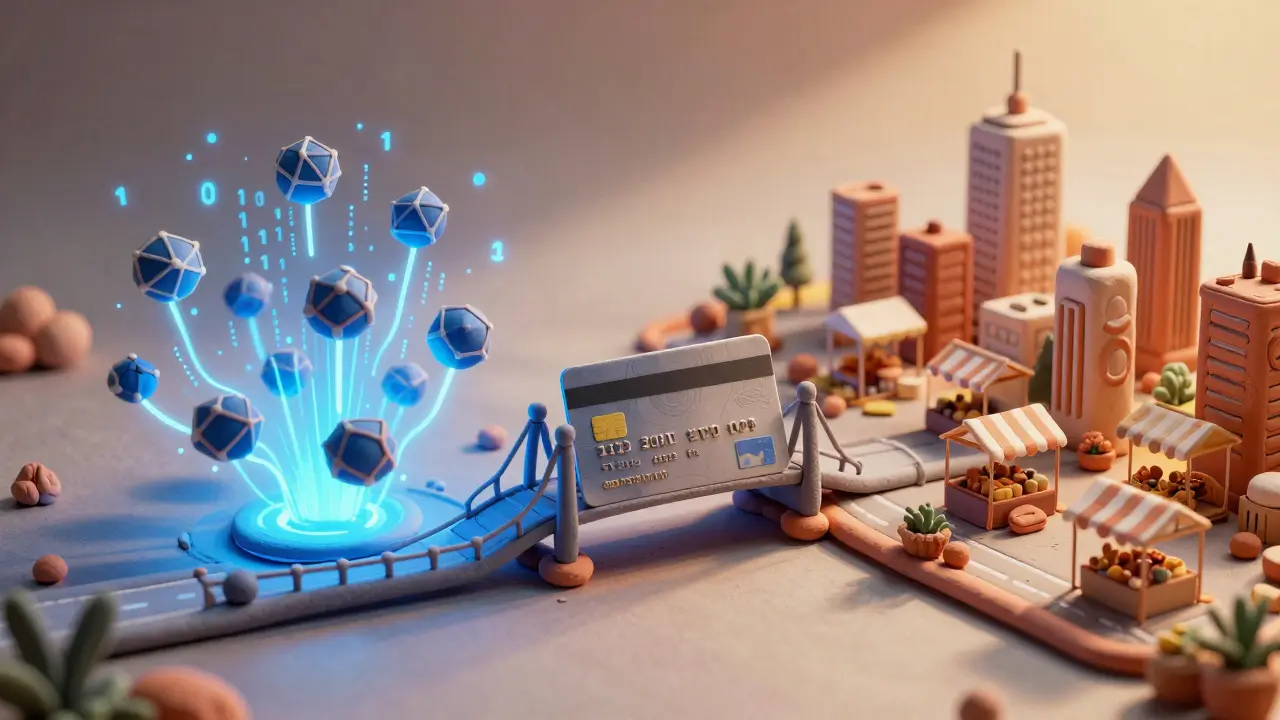A clay credit card bridging a blockchain network to a miniature city of shops