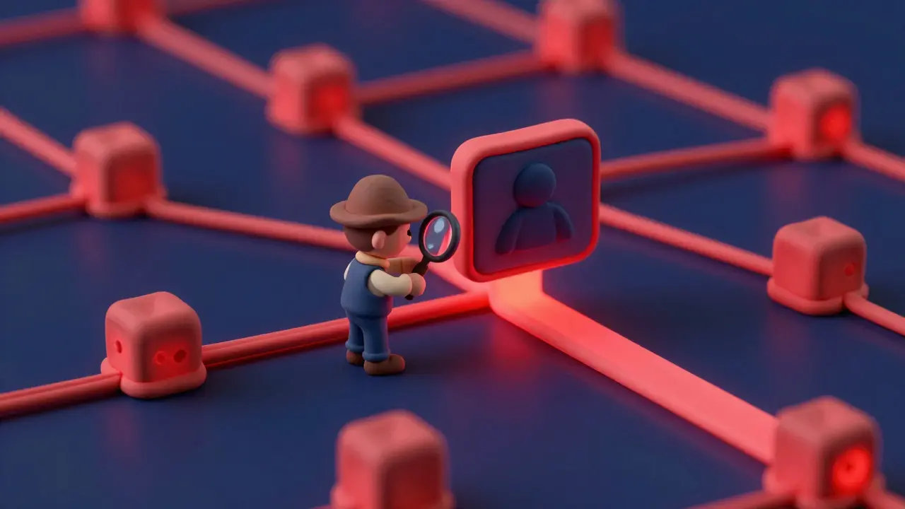 A clay detective using a magnifying glass to trace a red path on a blockchain.