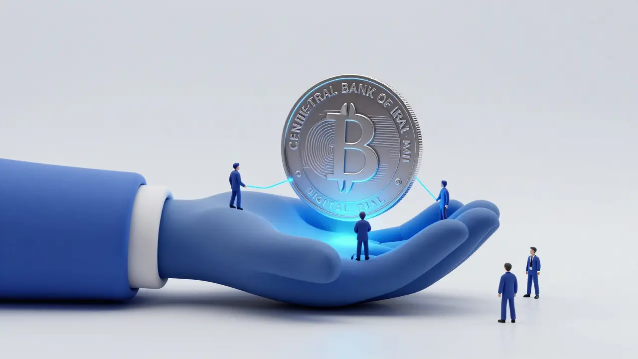 A clay hand holding a glowing Digital Rial coin connected to people
