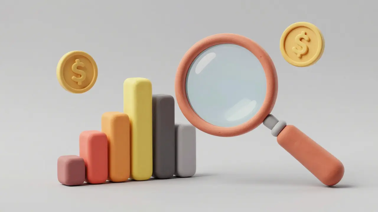 A clay magnifying glass analyzing fluctuating cryptocurrency market charts