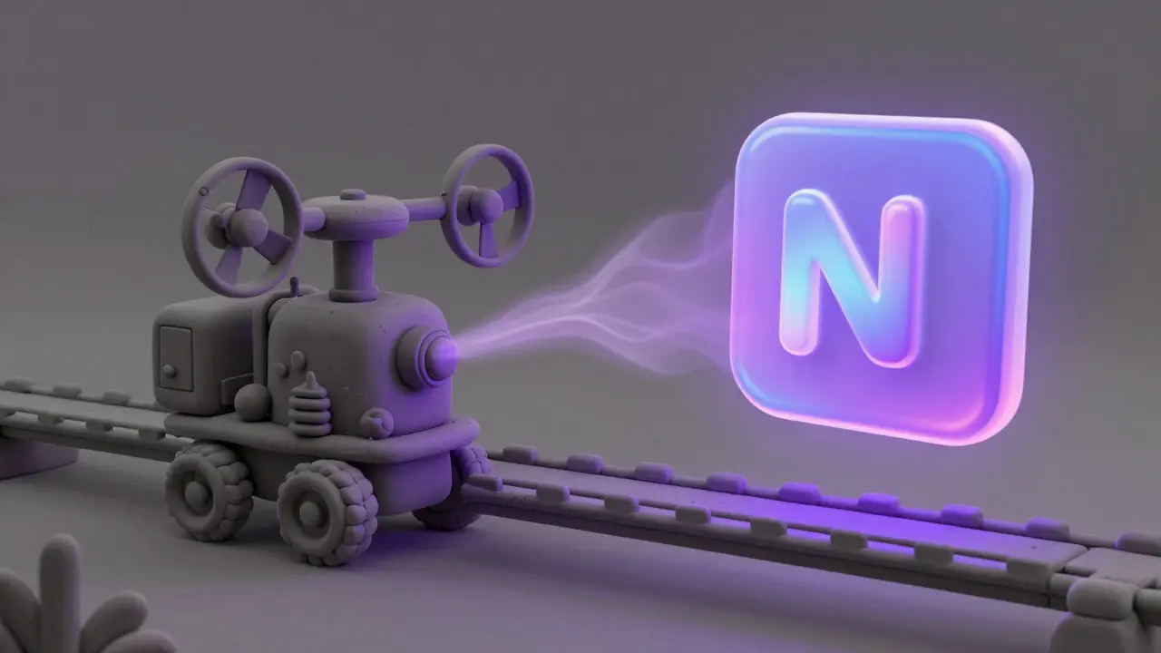 A clay-style bridge connecting a crypto mining rig to a floating digital NFT.