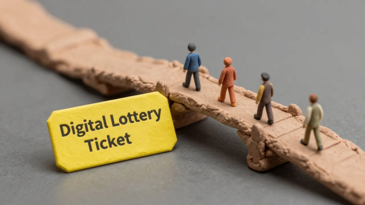A clay-style miniature scene of a lottery ticket and a fragile bridge symbolizing investment risk.