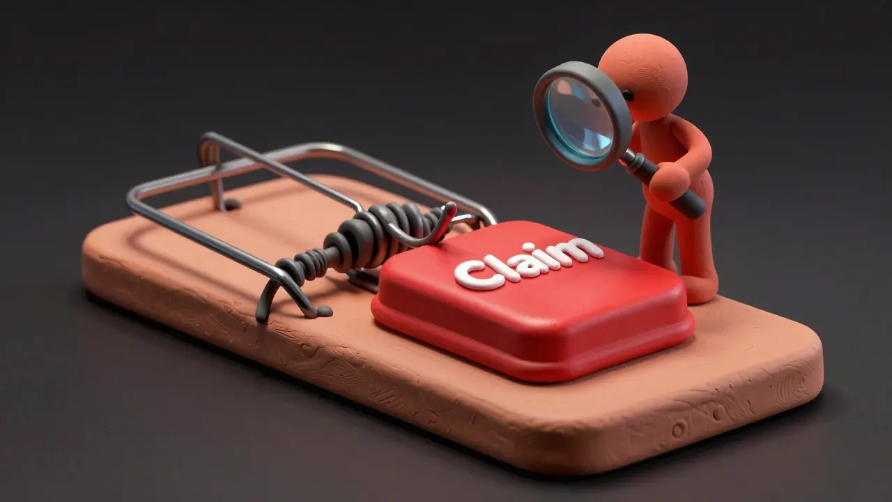 A glossy red Claim button set inside a clay mousetrap with a cautious character