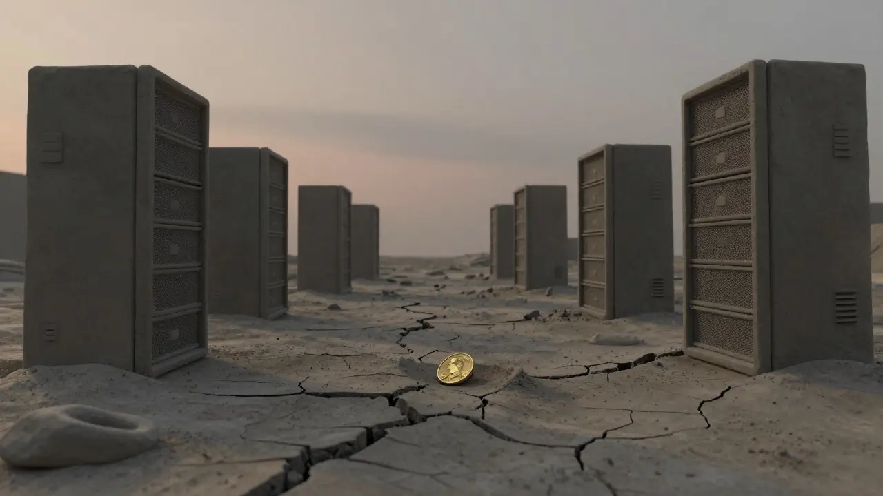 A lonely golden coin in a desolate grey clay landscape with abandoned digital servers.