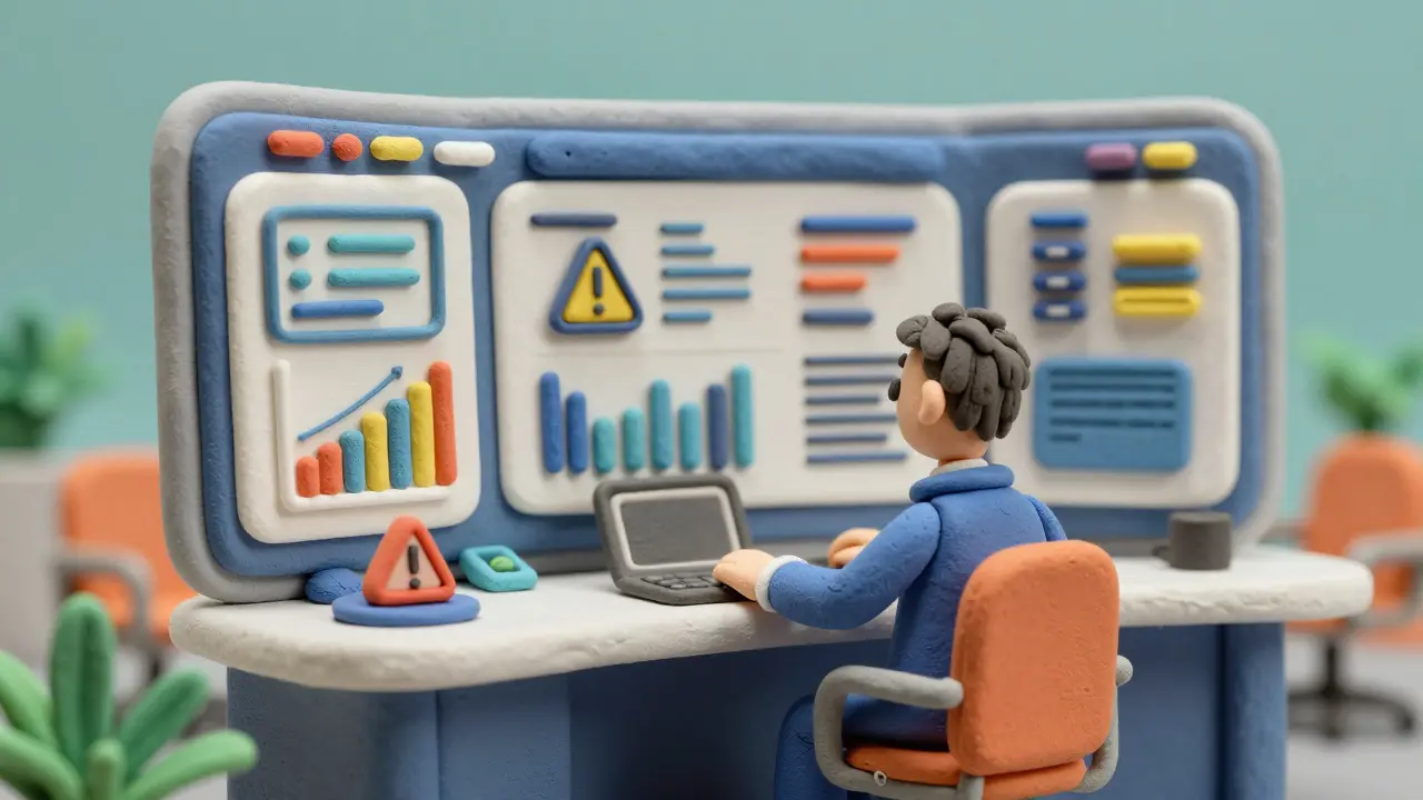 A professional in a clay-style command center monitoring compliance data.