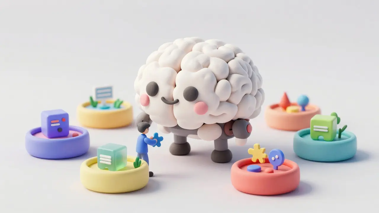 A smooth clay robot brain surrounded by colorful data sandboxes in a bright studio setting.