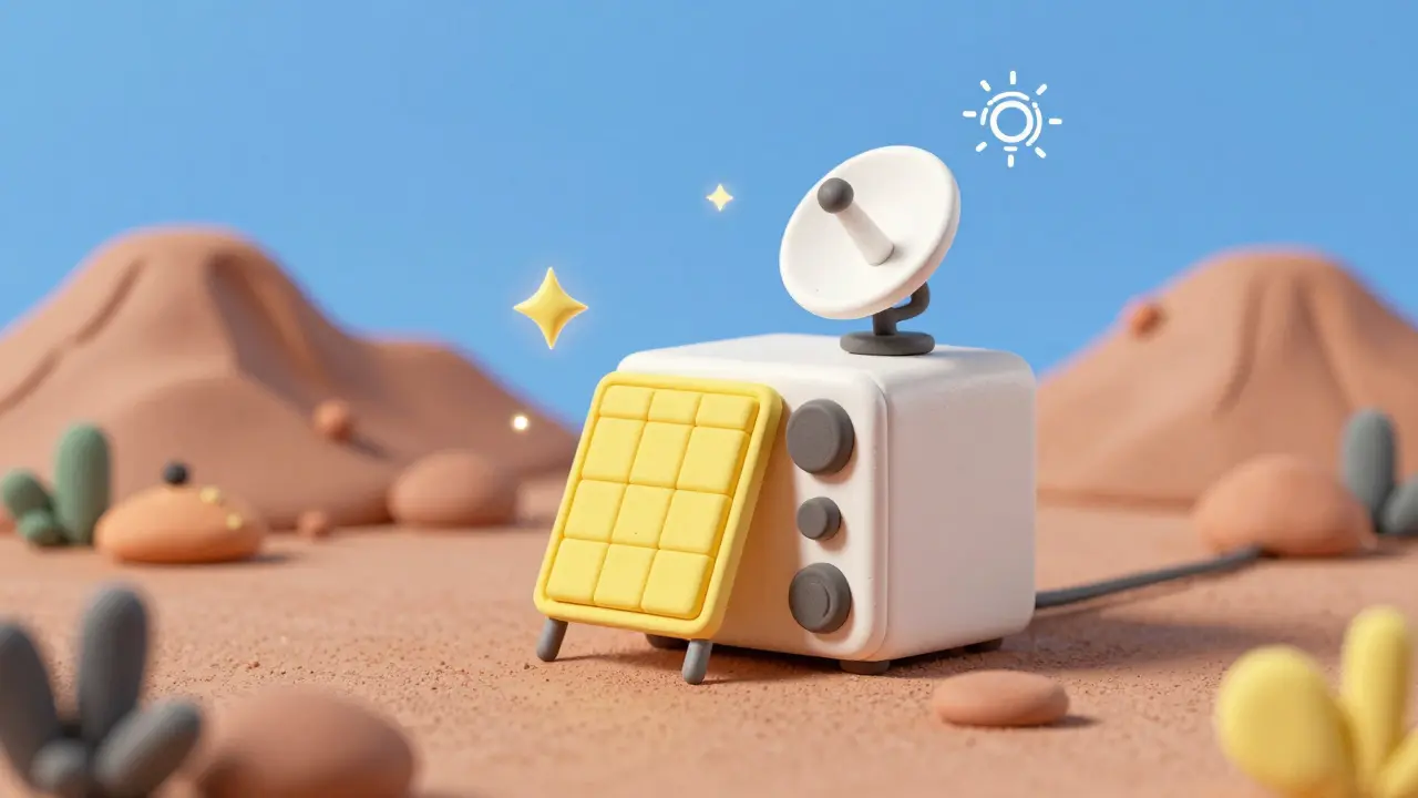 A solar-powered server unit with a satellite dish in a remote clay mountain setting.