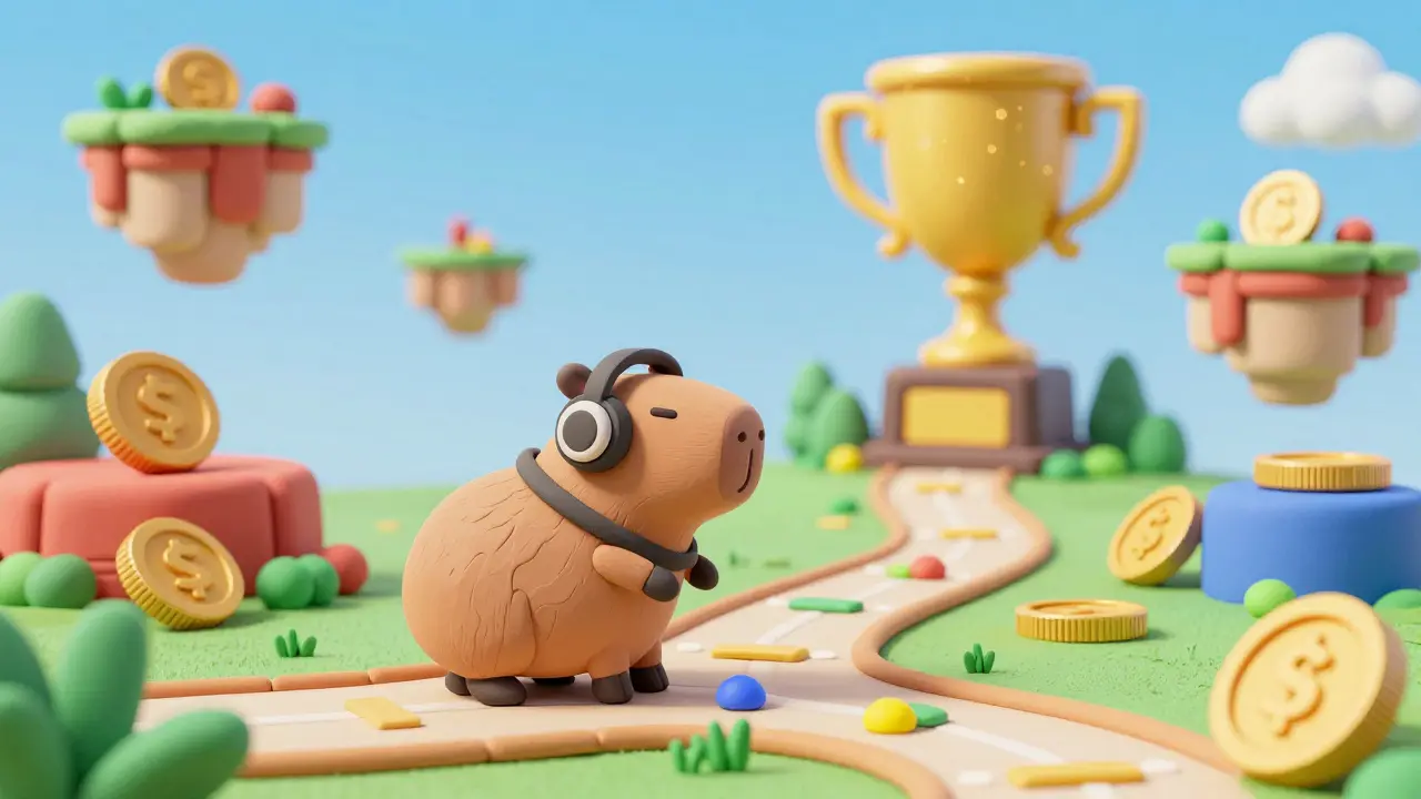 Clay capybara with a headset playing a game in a colorful 3D landscape.