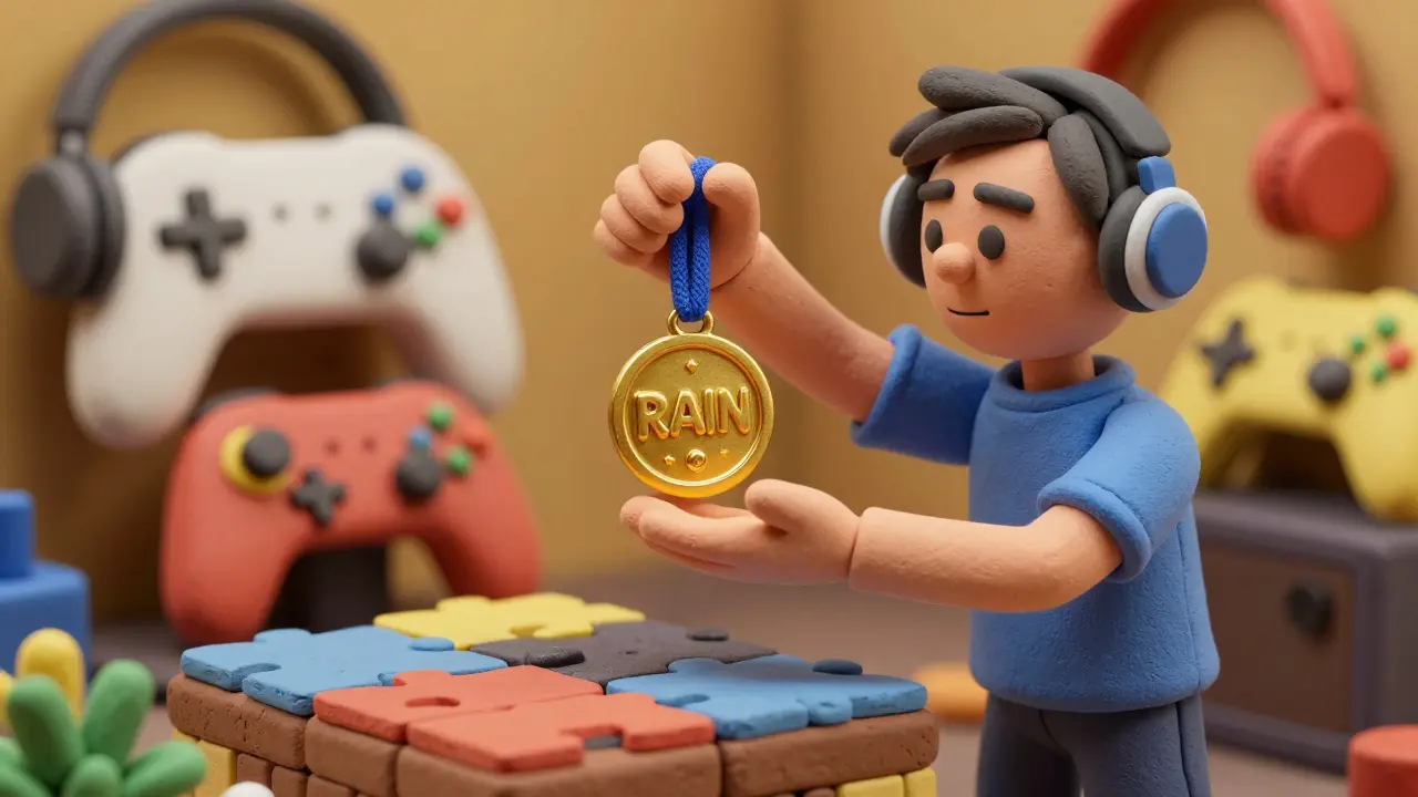 Clay character receiving a gold RAIN token after winning a game challenge