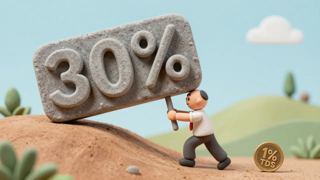 Clay character struggling to push a heavy 30% tax sign up a hill.