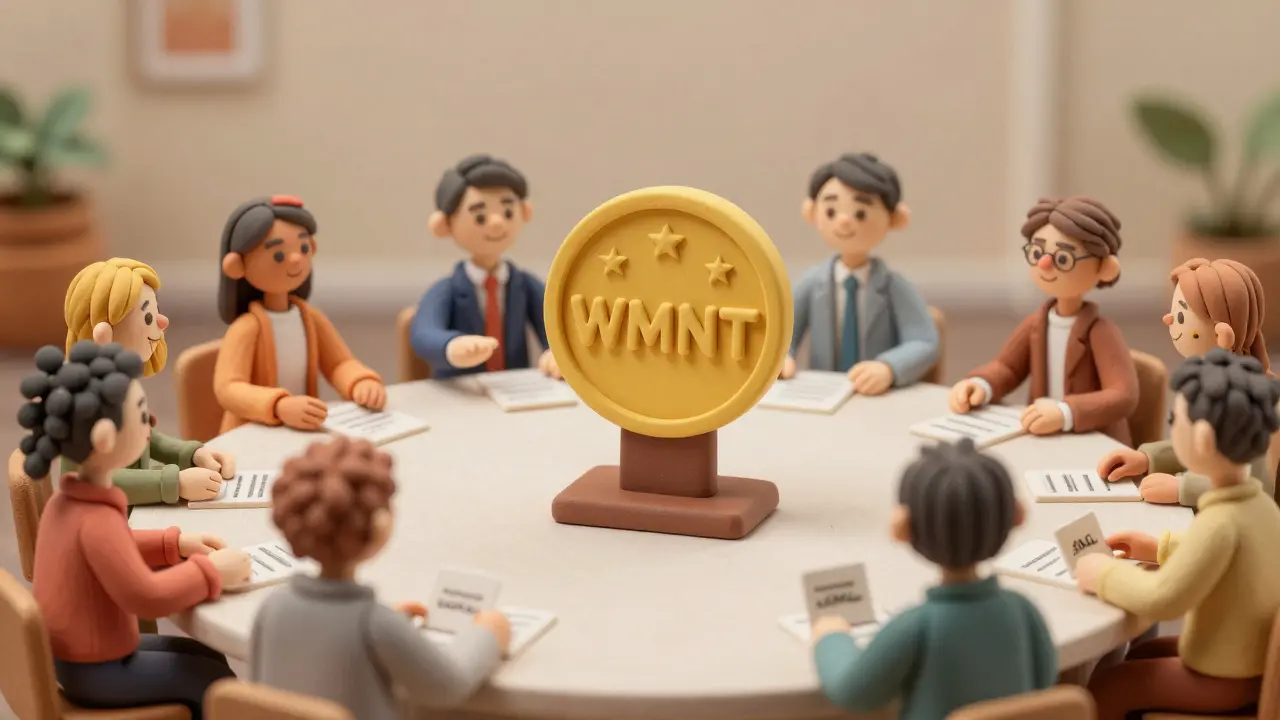 Clay characters voting around a large WMNT token at a governance table