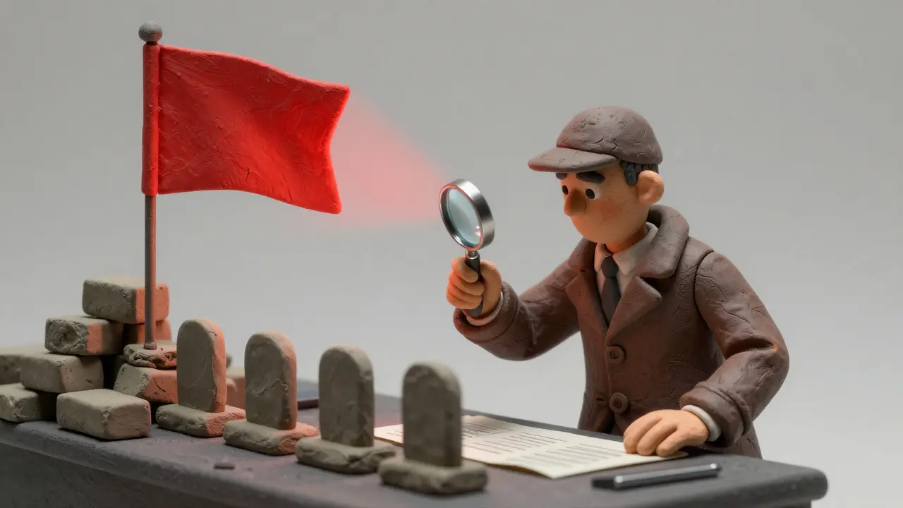 Clay detective examining empty pedestals and a large red warning flag